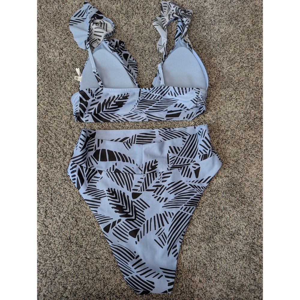 Aerie Light Blue Black Tropical Palm Ruffle Triangle Bikini Set Medium High Cut - Picture 3 of 4